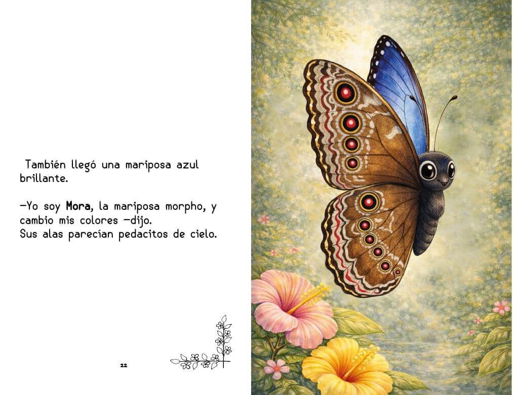 Página interior del libro El secreto del bosque: Mora la mariposa morfo