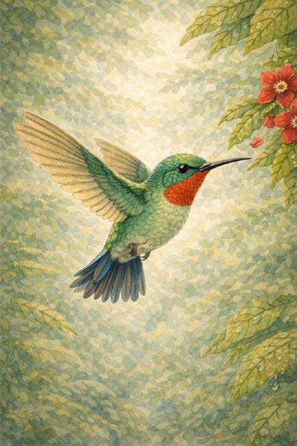Colibrí volando junto a flores rojas