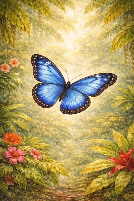 Mariposa morfo azul con las alas abiertas en el bosque
