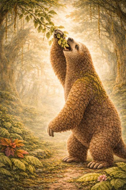 Perezoso gigante prehistórico alimentándose de hojas