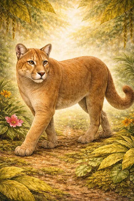 Puma caminando por un sendero del bosque